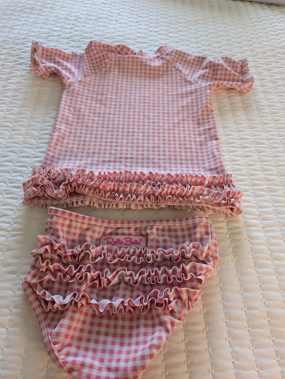Ruffle Butts Girls Pink Gingham Ruffle Rash Guard Set - - Picture 2 of 4